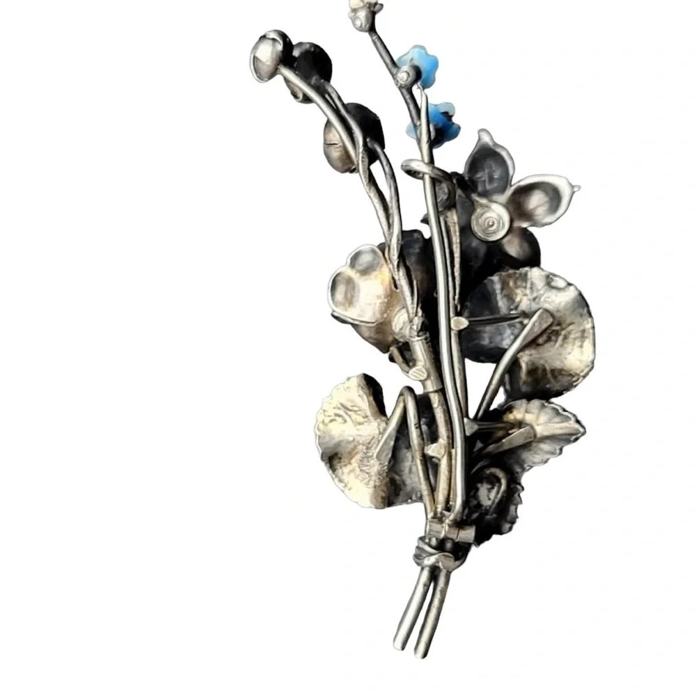Silver and gold Antique Victorian Floral Brooch with Blue enamel Flowers - Picture 5 of 11
